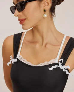 Black Contrast Lace One-Piece Swimsuit
