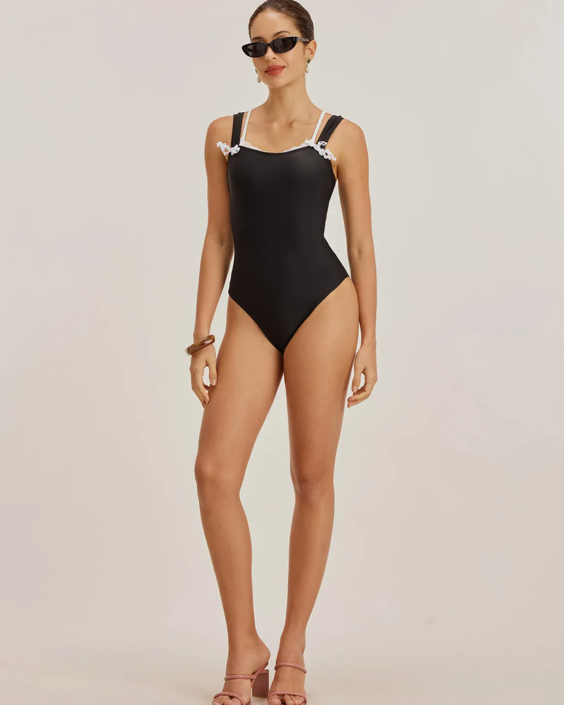 Black Contrast Lace One-Piece Swimsuit