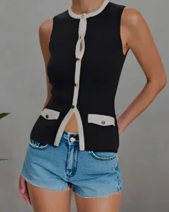 Black Contrast Pocket Single Breasted Vest