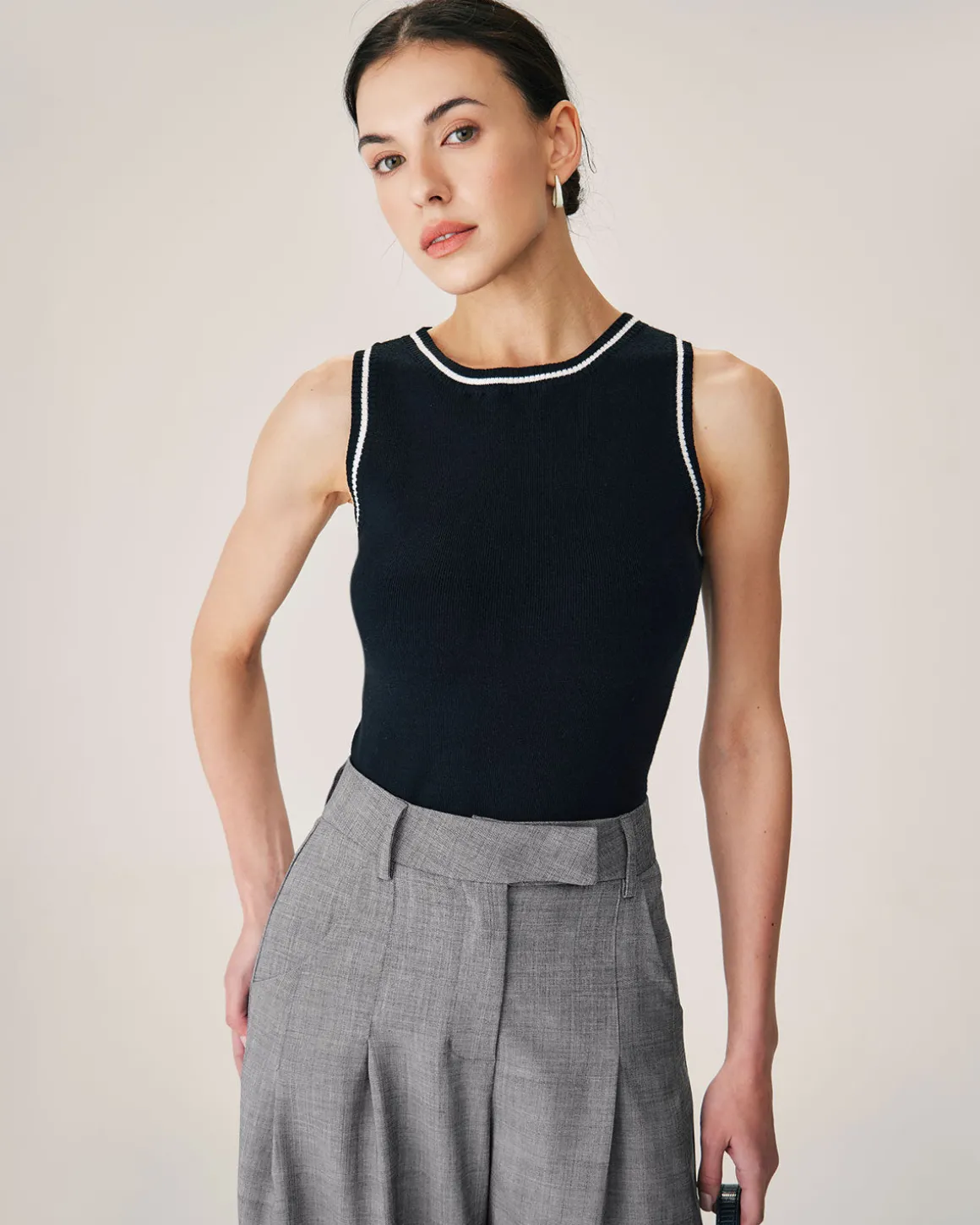 Black Contrast Ribbed Knit Tank