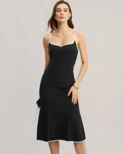 Black Contrast Sweetheart Neck Slip Midi Dress
