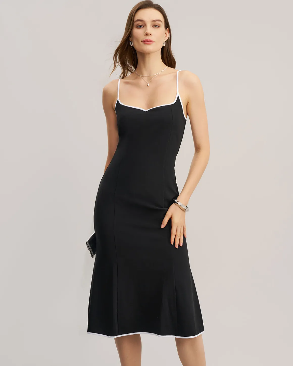 Black Contrast Sweetheart Neck Slip Midi Dress