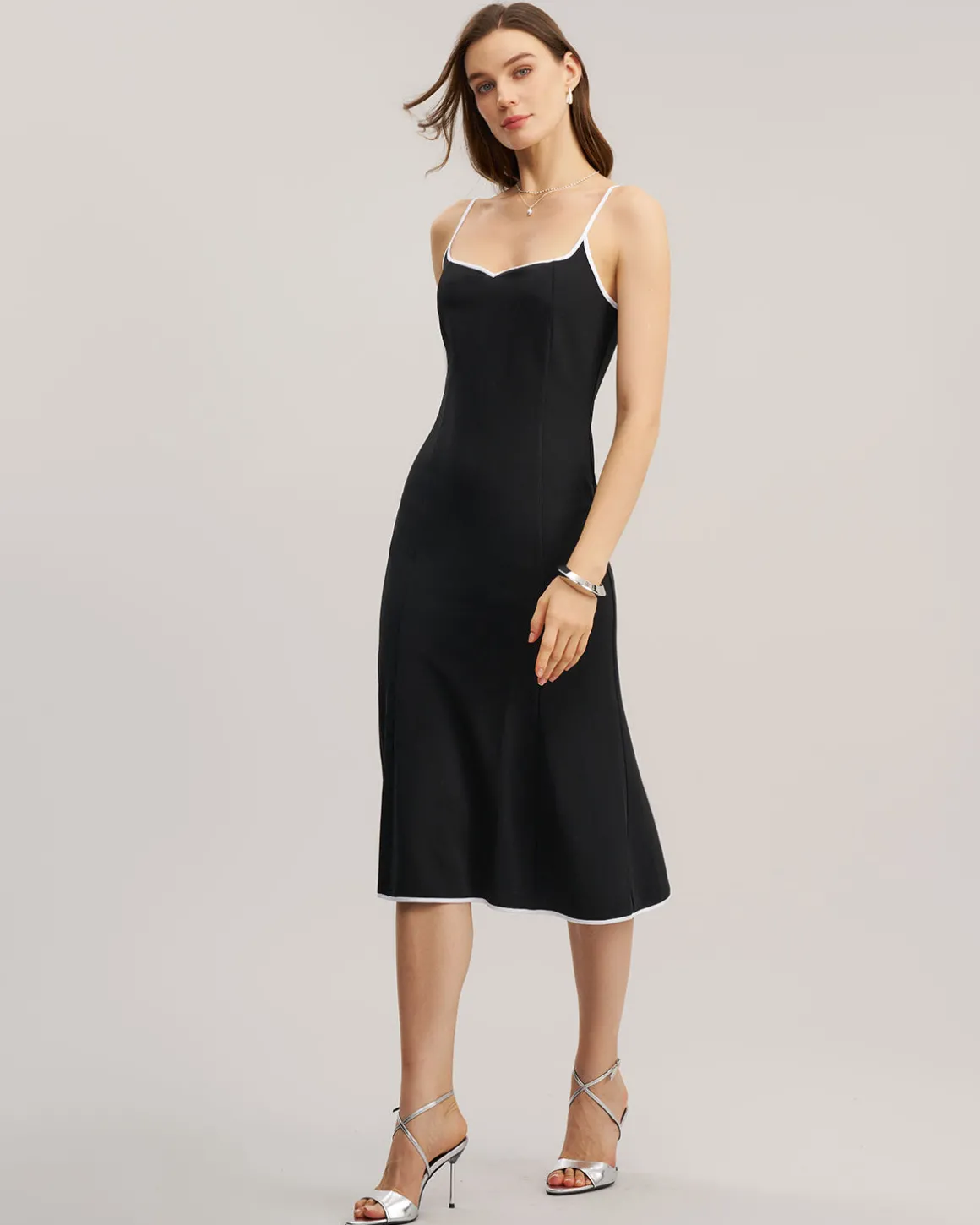 Black Contrast Sweetheart Neck Slip Midi Dress