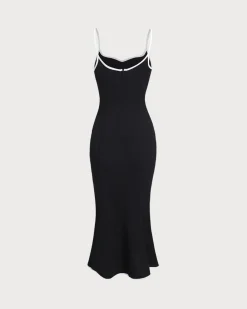 Black Contrast Sweetheart Neck Slip Midi Dress