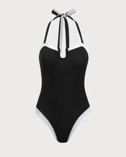 Black Contrast U-Shaped One-Piece Swimsuit