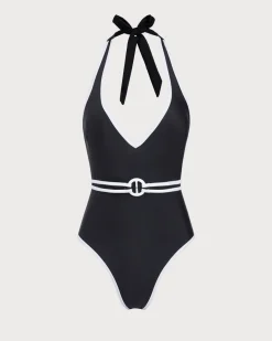 Black Contrast V-Neck One-Piece Swimsuit