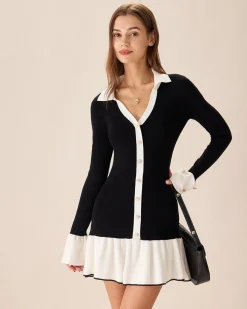 Black Contrasting Bell Sleeve Sweater Dress