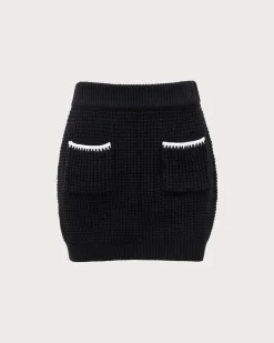 Black Contrasting Knit A-line Mini Skirt