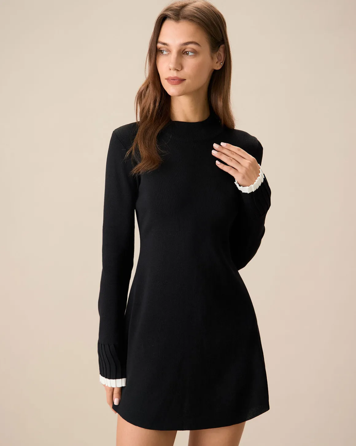 Black Contrasting Long Sleeve Sweater Mini Dress
