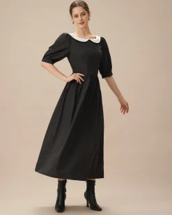 Black Contrasting Puffed Sleeve Maxi Dress
