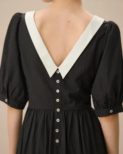 Black Contrasting Puffed Sleeve Maxi Dress