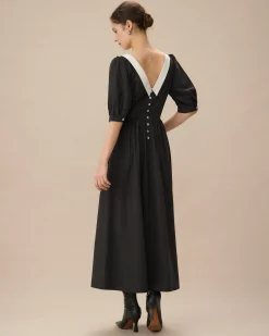 Black Contrasting Puffed Sleeve Maxi Dress