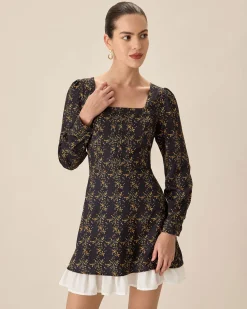 Black Contrasting Puffed Sleeve Mini Dress