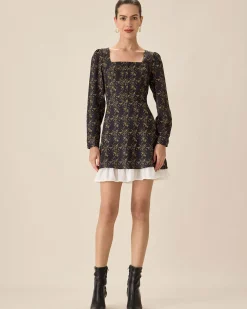 Black Contrasting Puffed Sleeve Mini Dress