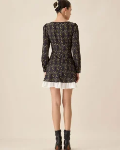 Black Contrasting Puffed Sleeve Mini Dress