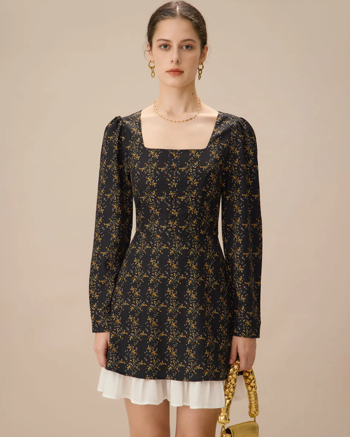 Black Contrasting Puffed Sleeve Mini Dress