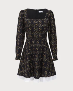 Black Contrasting Puffed Sleeve Mini Dress