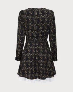 Black Contrasting Puffed Sleeve Mini Dress