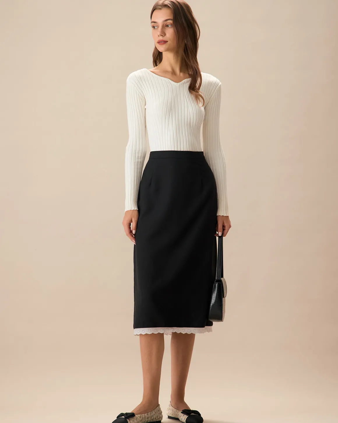 Black Contrasting Slit Midi Skirt