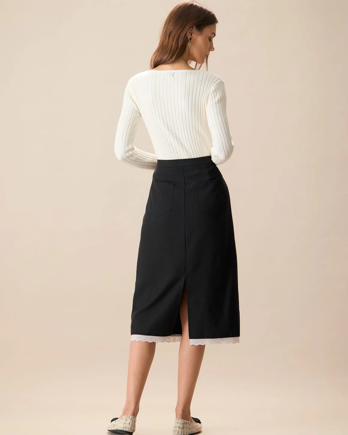 Black Contrasting Slit Midi Skirt