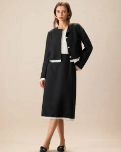 Black Contrasting Slit Midi Skirt