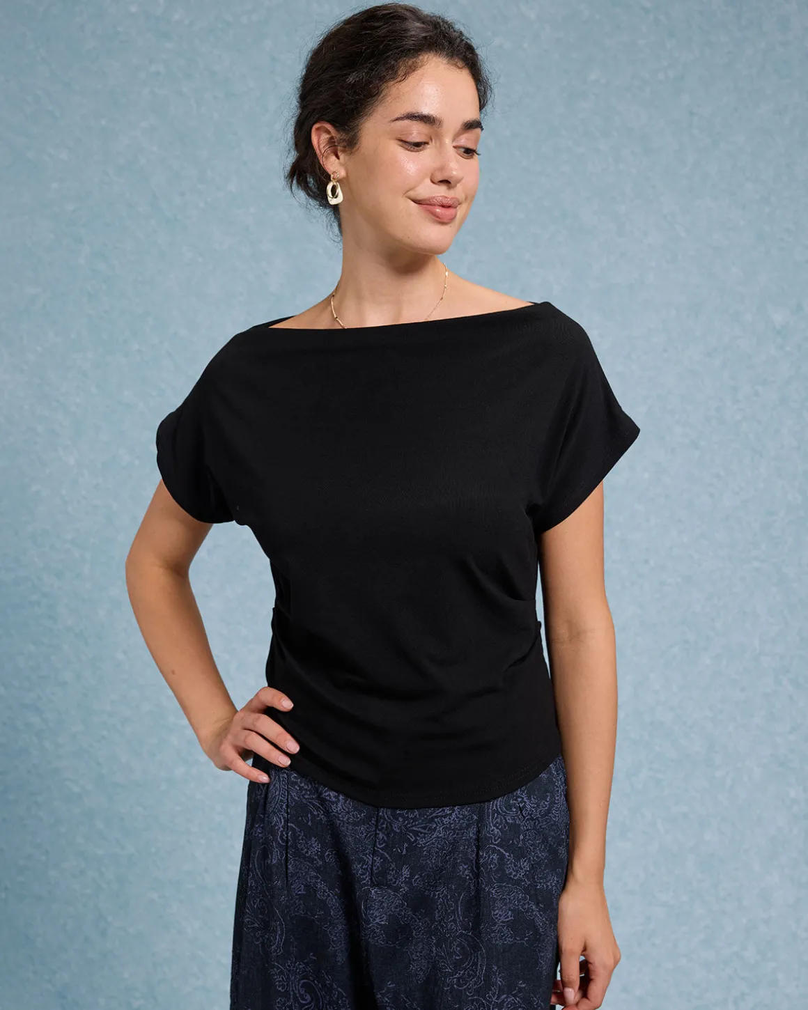 Black Cowl Sleeve Off The Shoulder Tee
