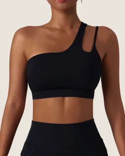 Black Cropped One Shoulder Yoga Cami Top - Light Support