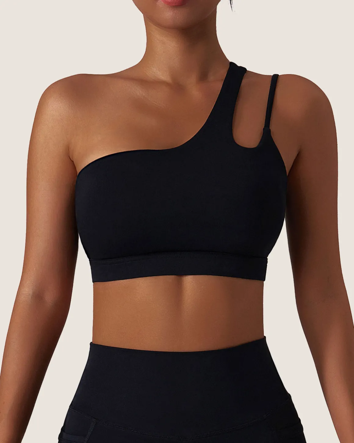 Black Cropped One Shoulder Yoga Cami Top - Light Support
