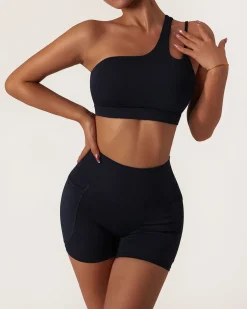 Black Cropped One Shoulder Yoga Cami Top - Light Support