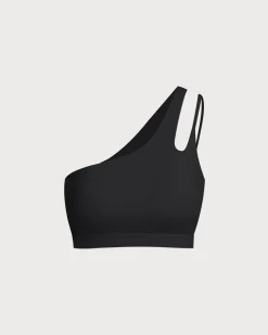 Black Cropped One Shoulder Yoga Cami Top - Light Support
