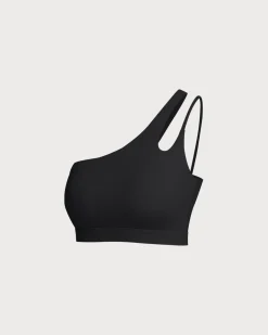 Black Cropped One Shoulder Yoga Cami Top - Light Support