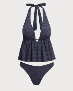 Black Deep V Neck Plaid Tankini Swimsuit
