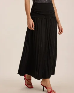 Black Elastic Waist Pleated Midi Skirt