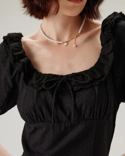 Black Embroidery Puffed Sleeve Maxi Dress