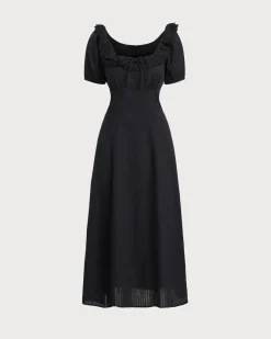 Black Embroidery Puffed Sleeve Maxi Dress