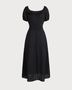 Black Embroidery Puffed Sleeve Maxi Dress