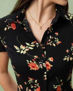 Black Floral Button A-Line Midi Dress