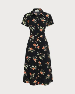 Black Floral Button A-Line Midi Dress