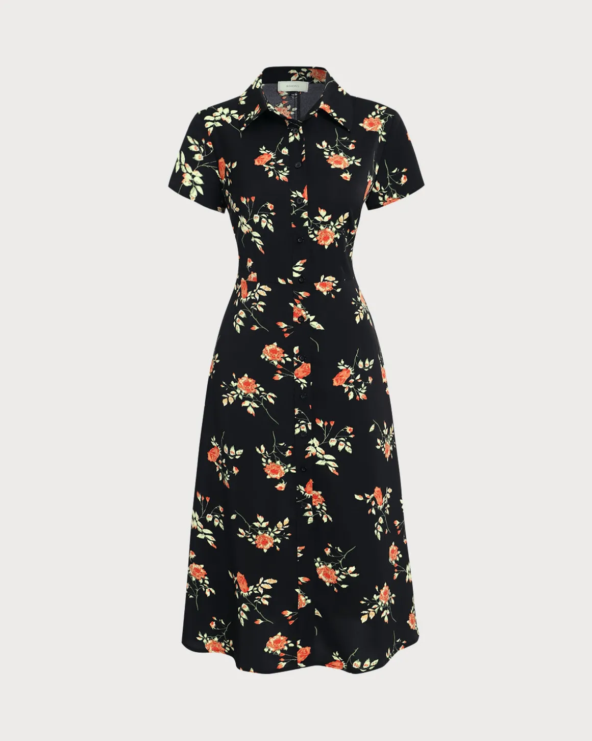 Black Floral Button A-Line Midi Dress