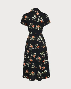 Black Floral Button A-Line Midi Dress
