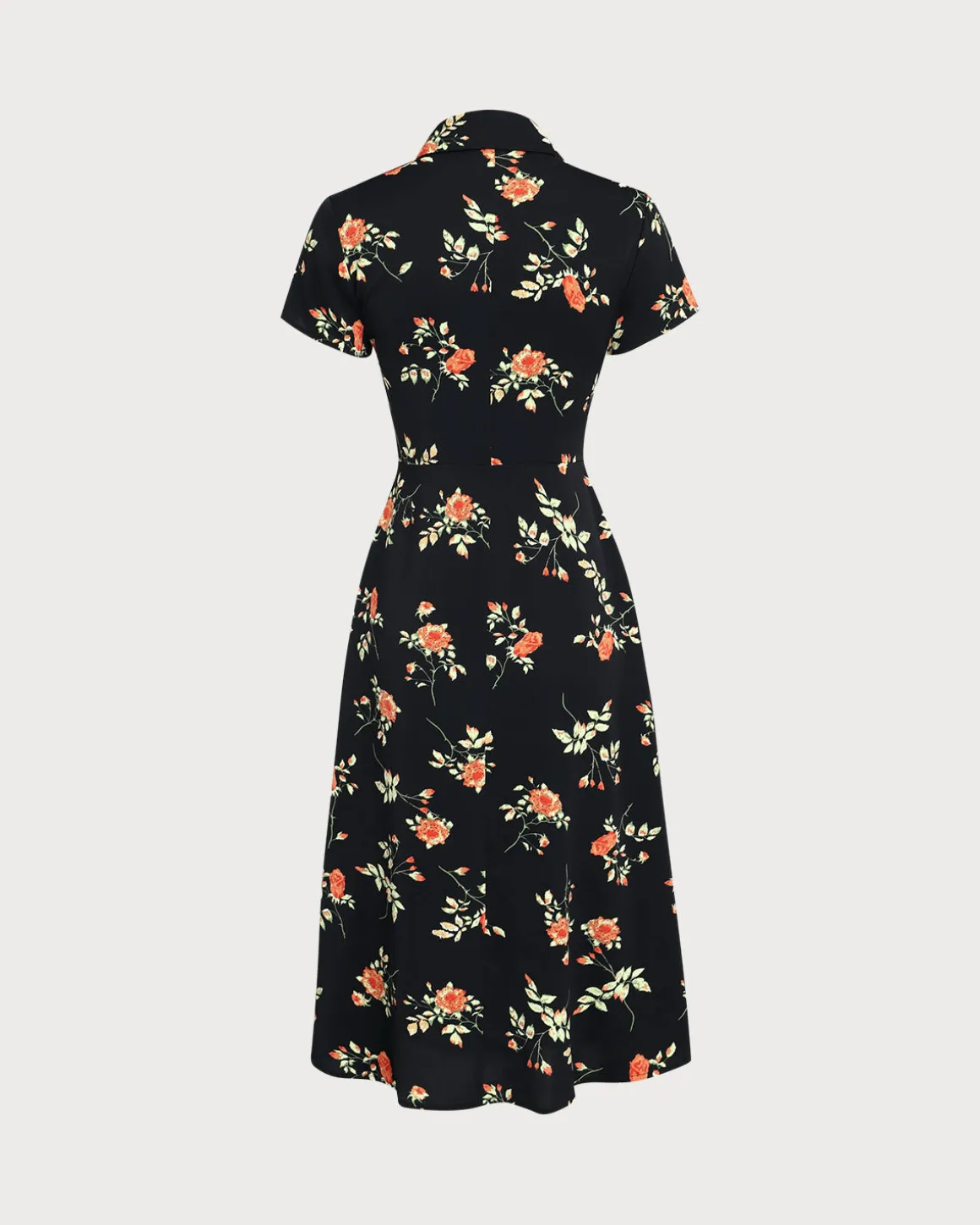 Black Floral Button A-Line Midi Dress