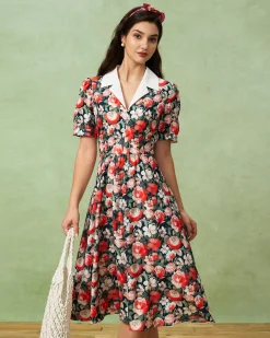 Black Floral Contrast Midi Dress
