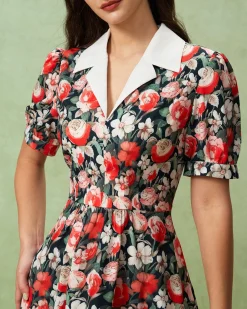 Black Floral Contrast Midi Dress