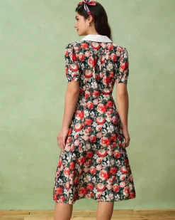 Black Floral Contrast Midi Dress