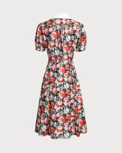 Black Floral Contrast Midi Dress