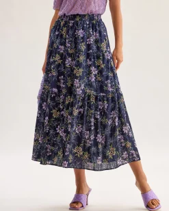 Black Floral Elastic Waist Midi Skirt