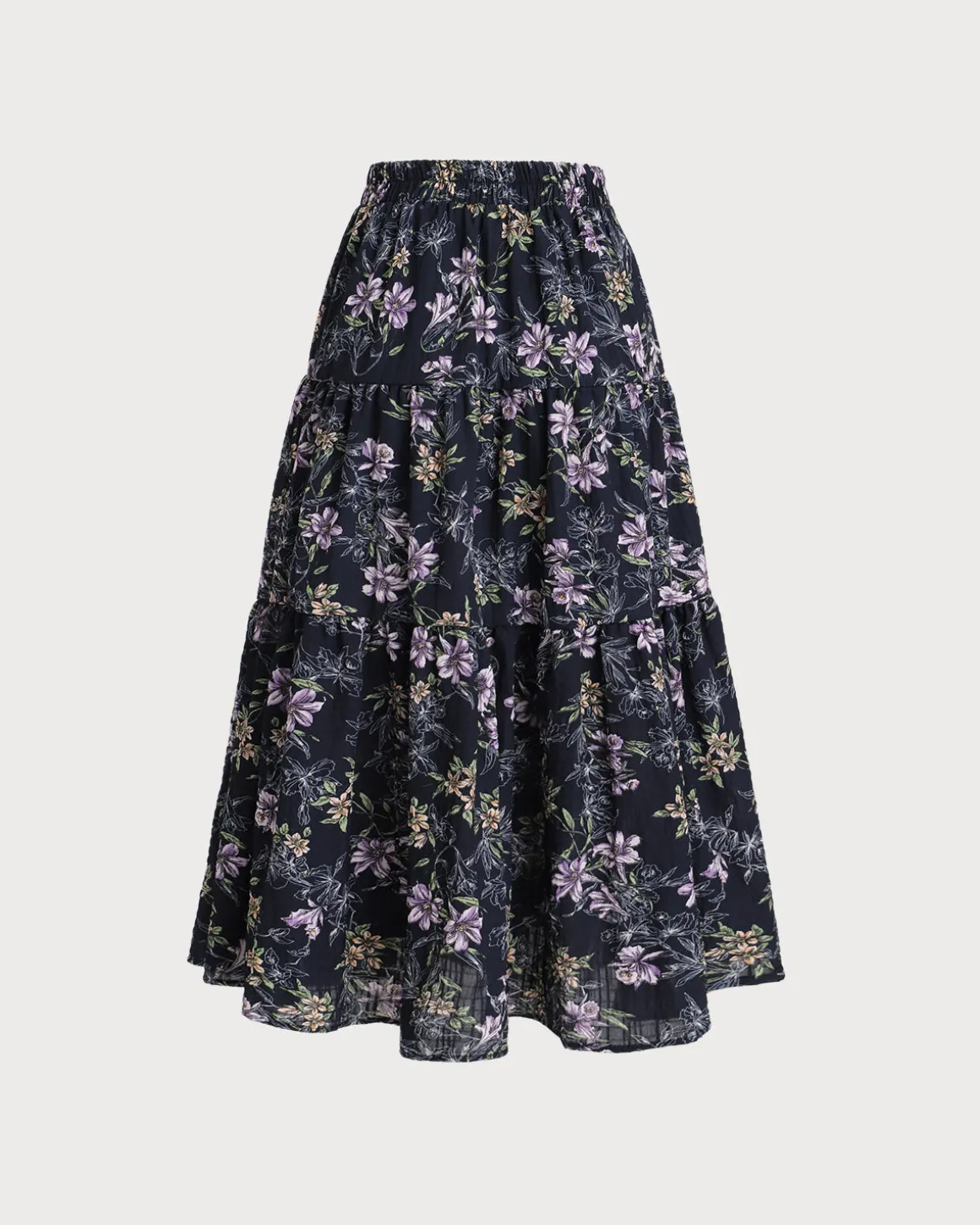 Black Floral Elastic Waist Midi Skirt