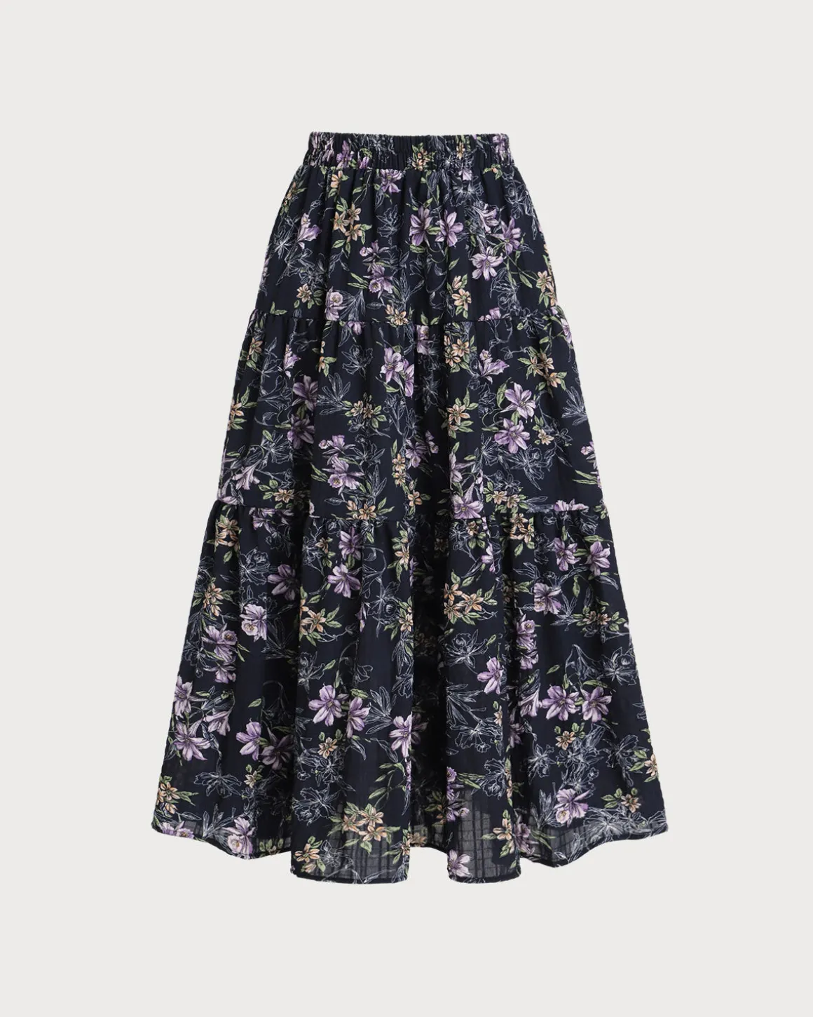 Black Floral Elastic Waist Midi Skirt