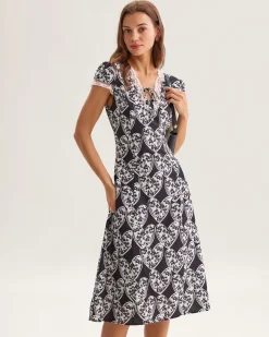 Black Floral Lace Trim Midi Dress