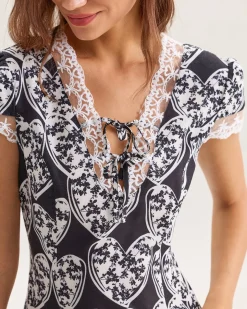 Black Floral Lace Trim Midi Dress